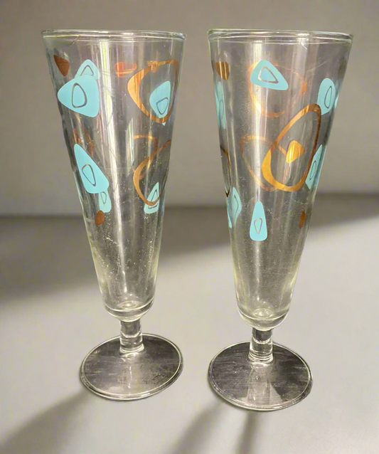 1950s Turquoise Gold Federal Atomic Amoeba Boomerang Stemware Glasses