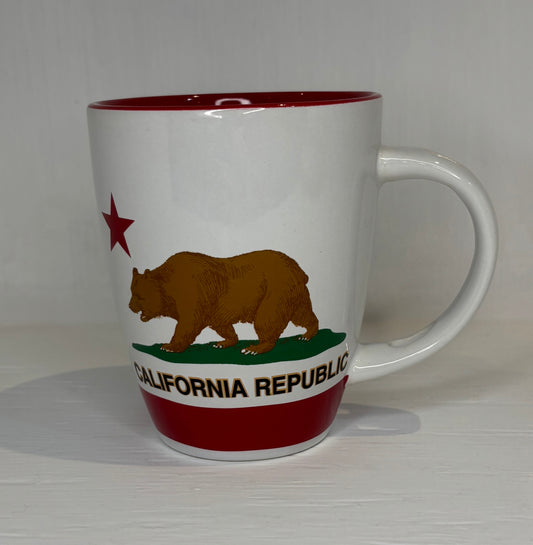 White mug with California Republic design featuring a bear and star on a white background