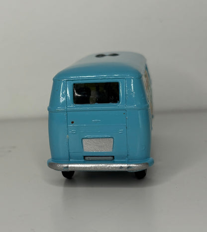 Model of a blue and white bus on a gray background