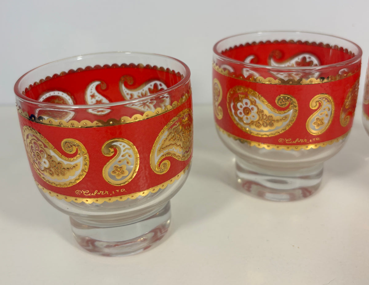 Culver Red Paisley Footed Lowball Glass