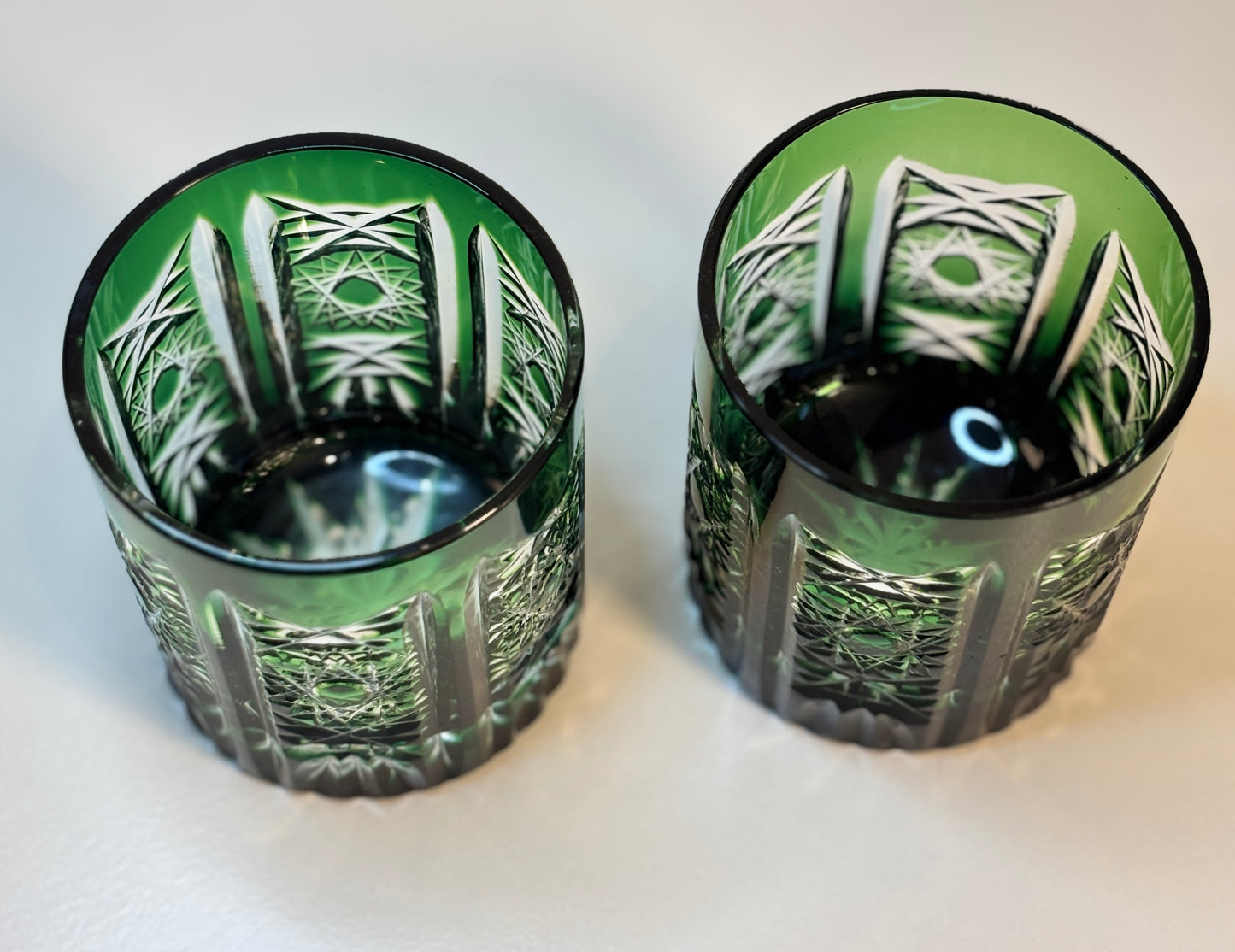 Ajka Crystal Marsala Green Lowball Glasses Pair