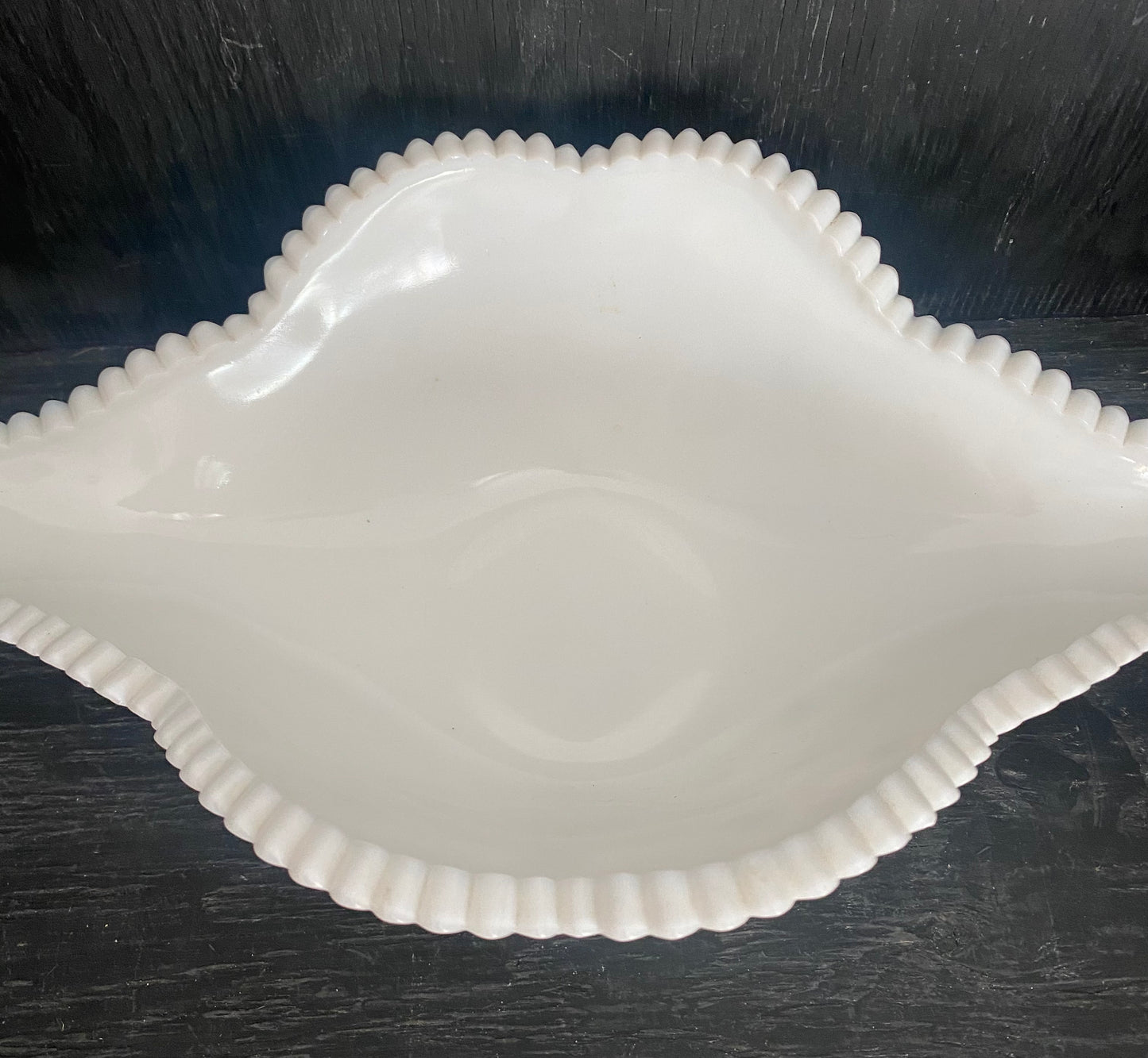 Kemple Milk Glass Flower V-Cane Oblong Sawtooth Edge Bowl