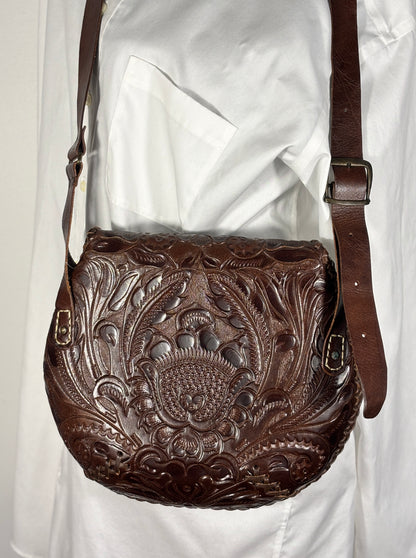 Vintage Brown Tooled Leather Floral Crossbody Bag
