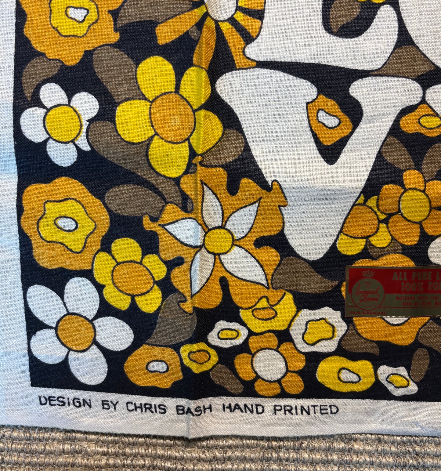 1970s Chris Bash Flower Power Hand Printed Linen Tea Towel