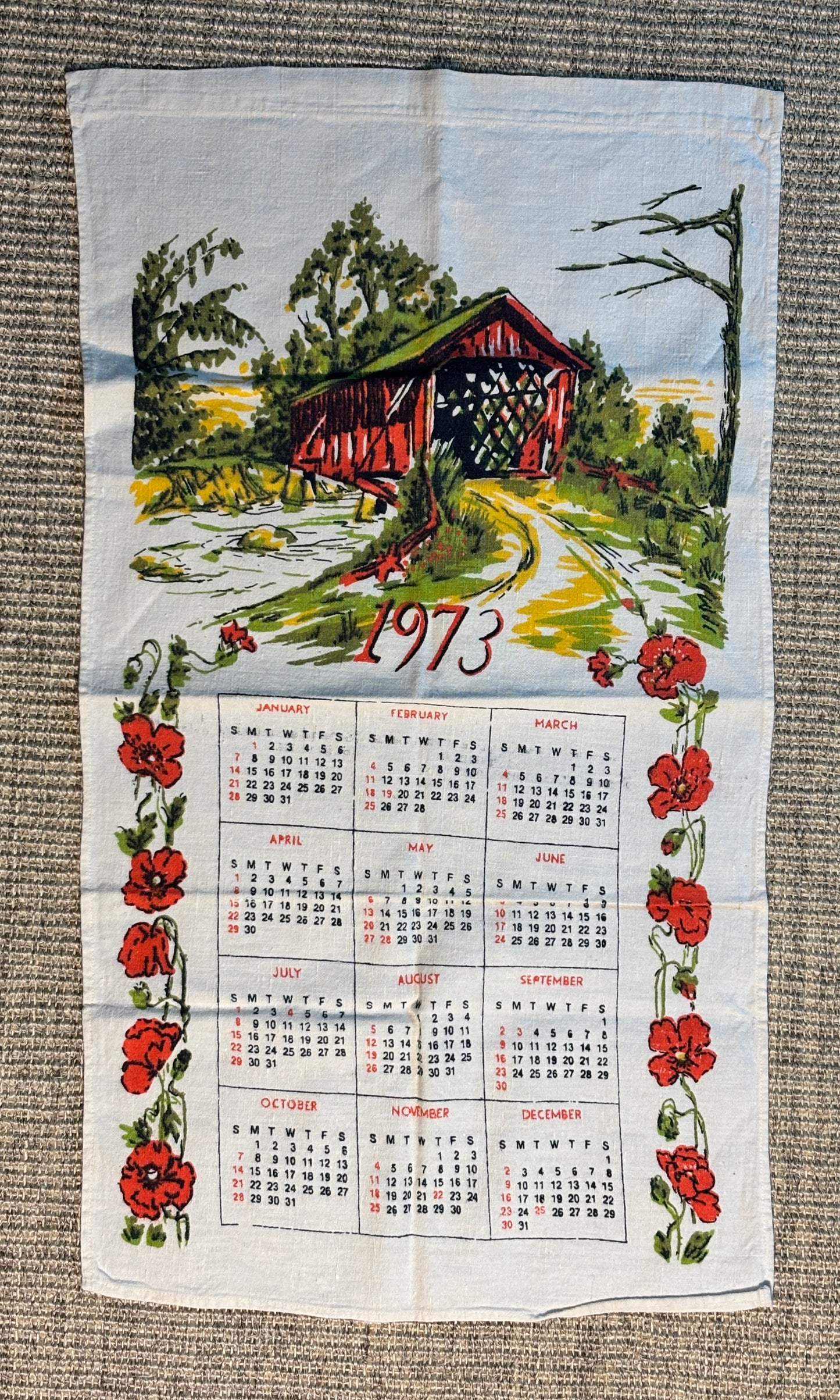 1973 Covered Bridge Calendar Cotton Tea Towel