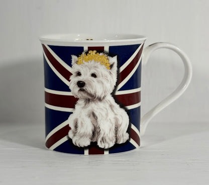 Mug with a design of a white dog wearing a crown on a Union Jack background
