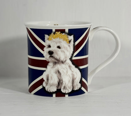 Mug with a design of a white dog wearing a crown on a Union Jack background