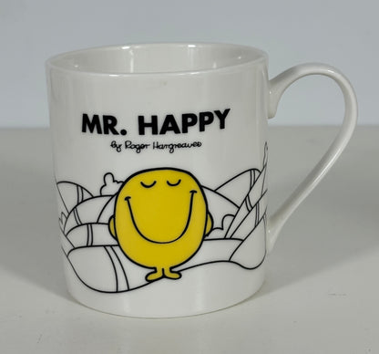 White mug with yellow character and 'Mr. Happy' text on a white background