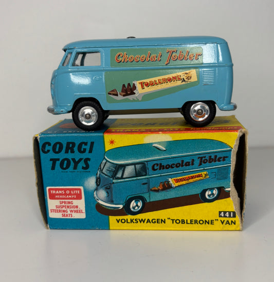 Corgi Toys Volkswagen Toblerone Van model with packaging on a gray background