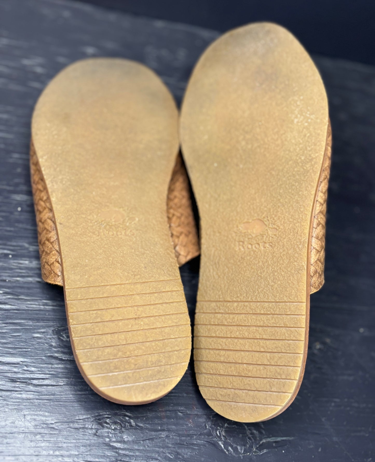 Roots Brown Woven Leather Slip On Mules
