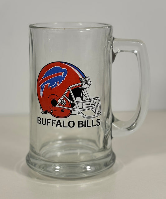 Clear glass mug with Buffalo Bills logo on a white background