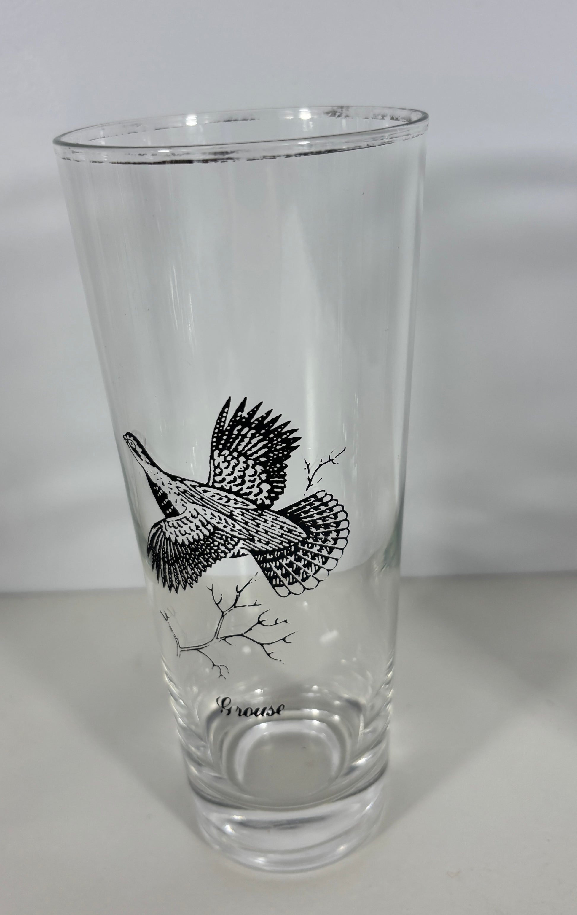 Clear glass with a black bird illustration on a white background