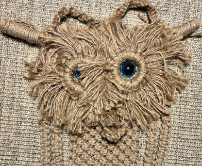 A close-up of a handmade owl head wall hanging made from thick, shaggy tan yarn with two blue-and-black plastic eyes and braided hanging loops.