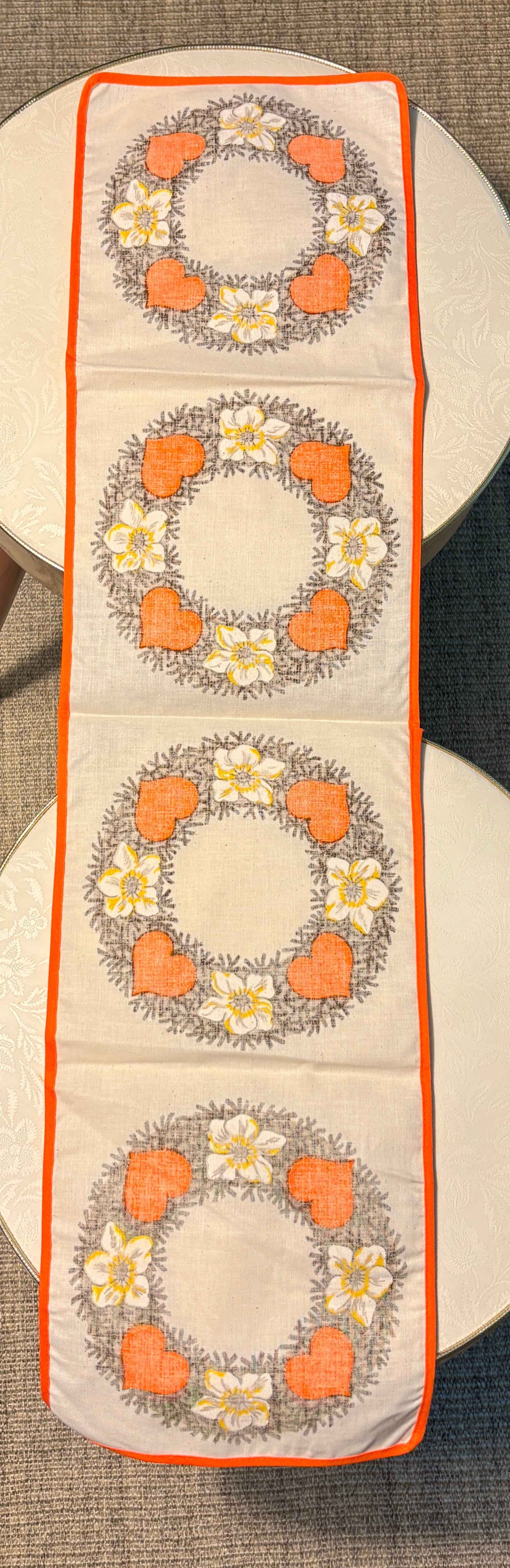 Orange Heart and Wreath Theme Vintage Table Runner