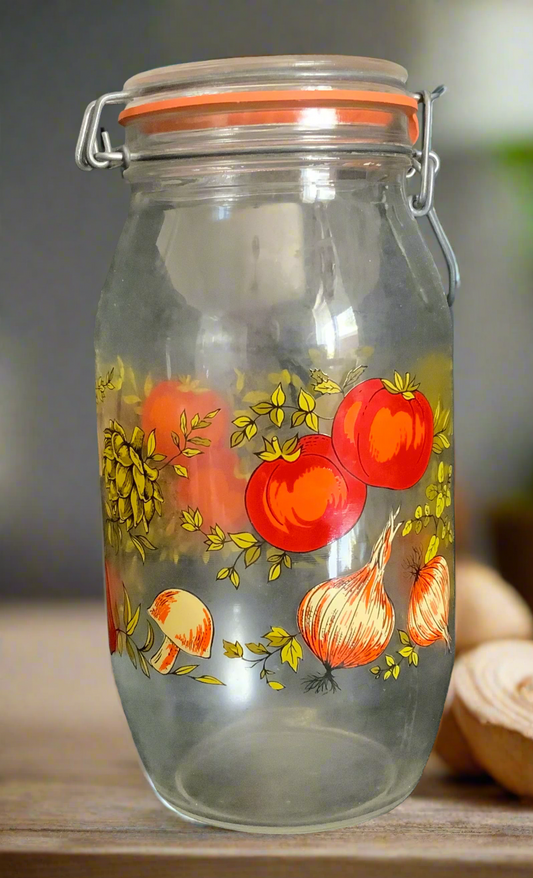 glass jar with vegetable drawings