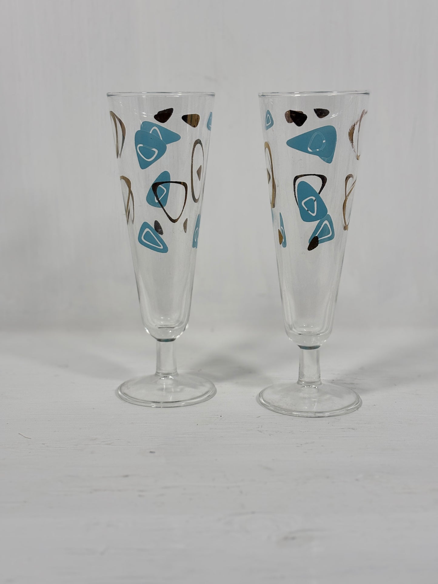 1950s Turquoise Gold Federal Atomic Amoeba Boomerang Stemware Glasses