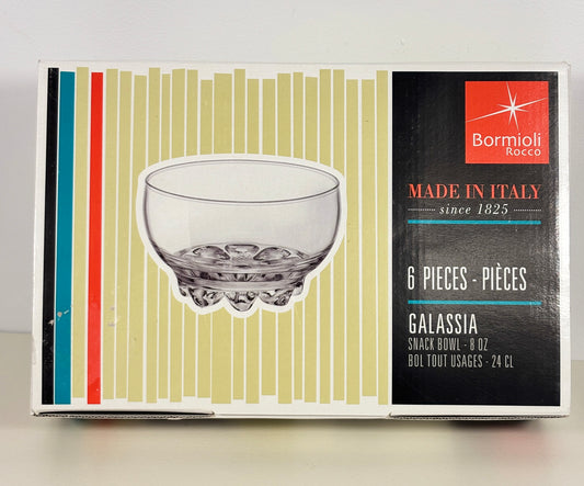 Bormioli Rocco Galassia snack bowl packaging with a clear bowl illustration on a striped background.