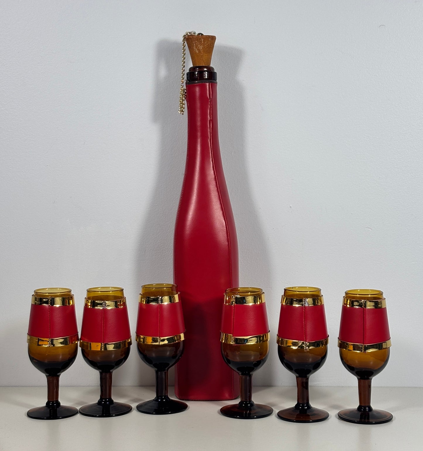 Vintage Italian Red Leather Wrapped Vino Decanter Set