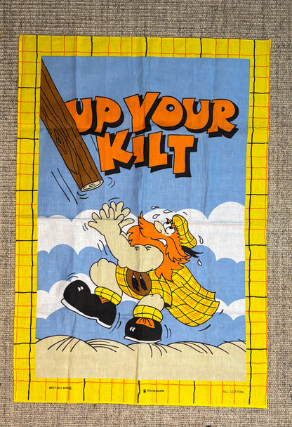 Cartoon character in a kilt with text 'Up Your Kilt' on a blue background