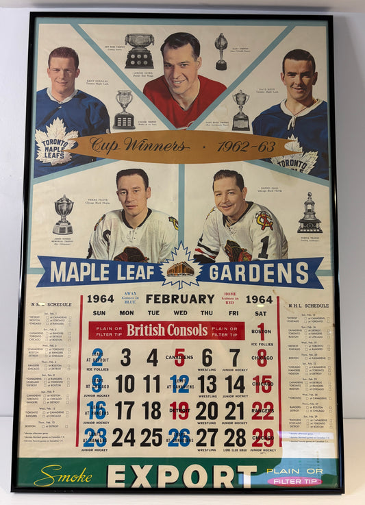 Framed sports poster featuring athletes and a calendar for Maple Leaf Gardens.