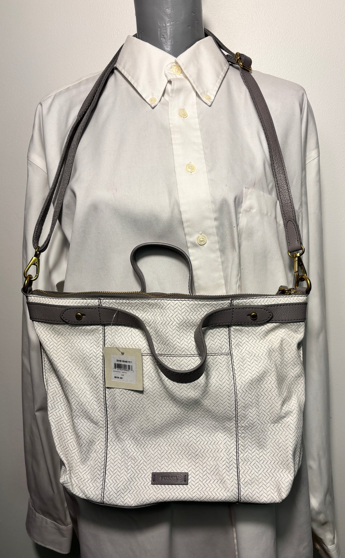 Fossil Sadie Satchel White and Grey Herringbone Purse