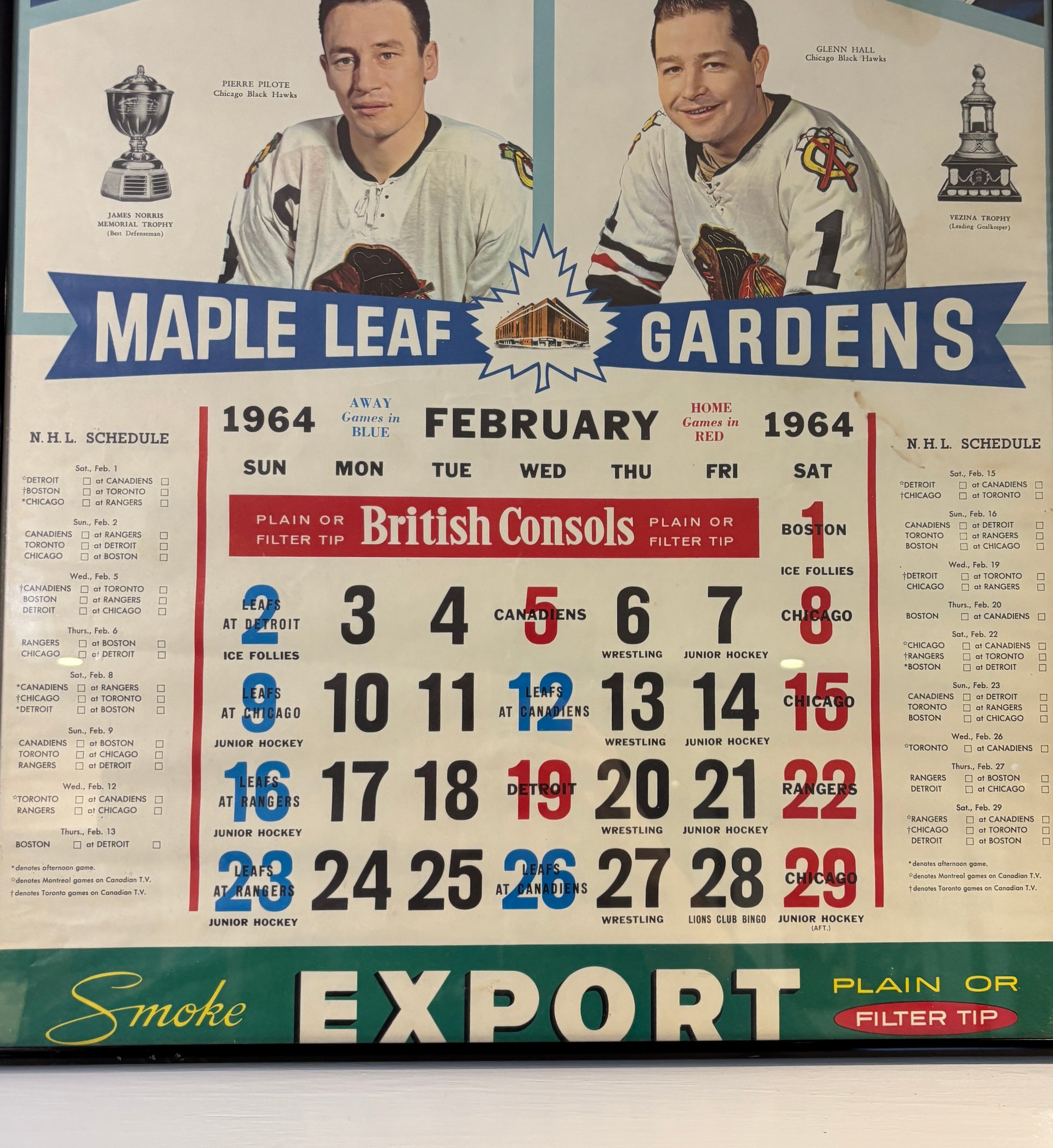 Hockey schedule poster for Maple Leaf Gardens featuring two players and a calendar for February 1964.