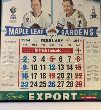 Hockey schedule poster for Maple Leaf Gardens featuring two players and a calendar for February 1964.