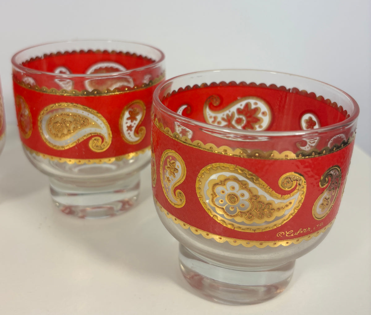 Culver Red Paisley Footed Lowball Rock Glass Set