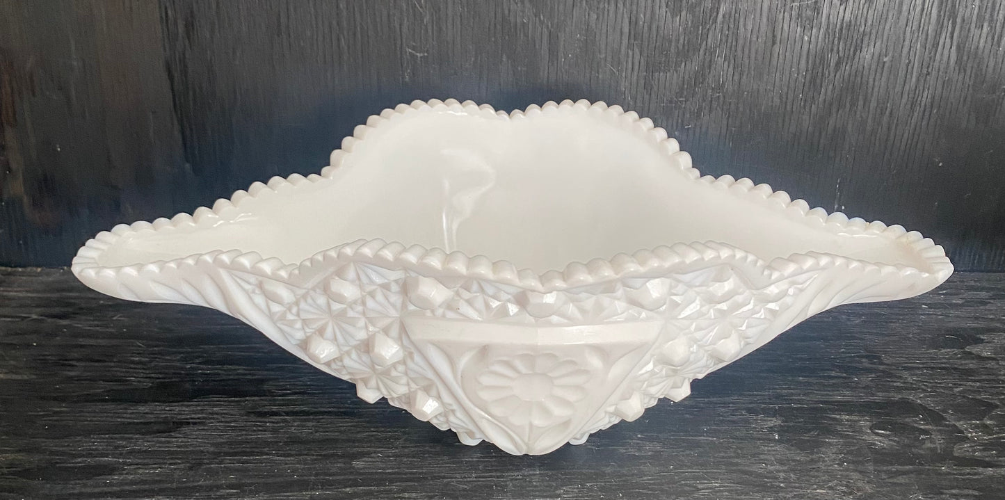 Kemple Milk Glass Flower V-Cane Oblong Sawtooth Edge Bowl