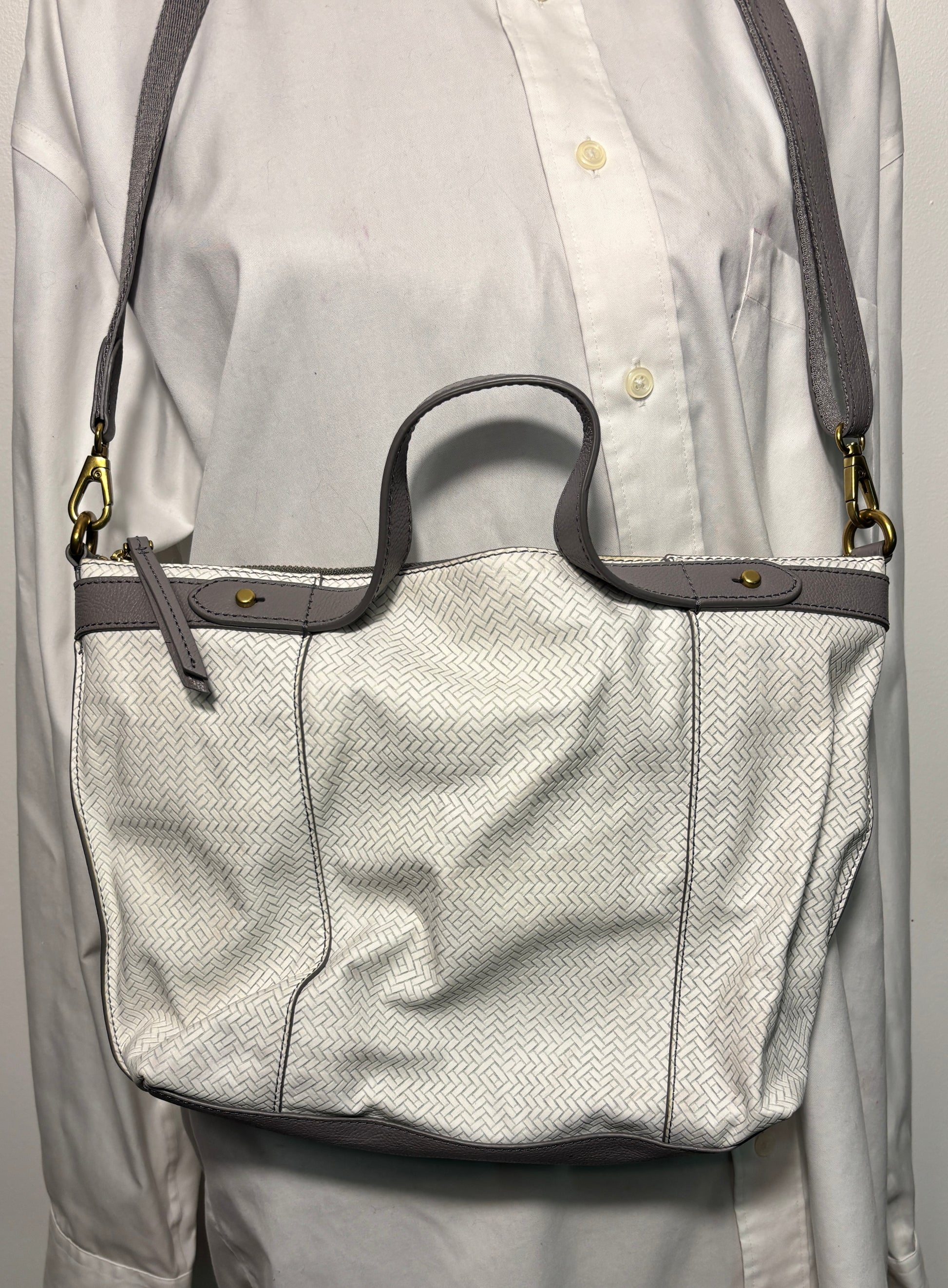 Fossil Sadie Satchel White and Grey Herringbone Purse