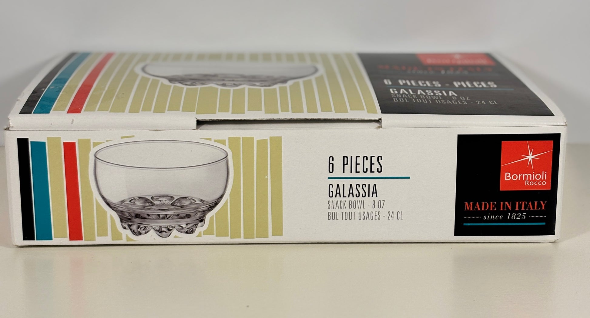 Box of Bormioli Rocco Galassia glasses with a glass illustration on a white background