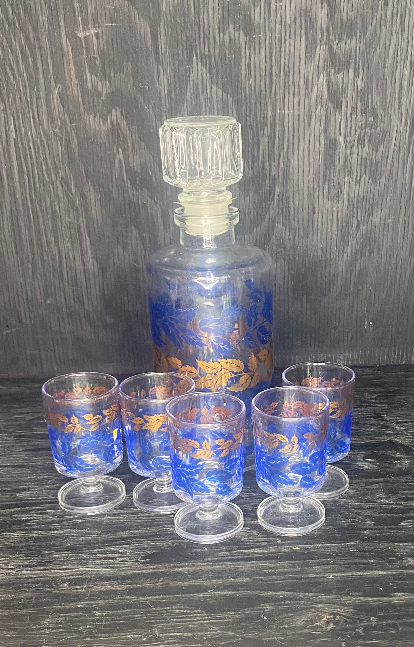 Luminarc France Vintage Blue and Gold Decanter and Shot Glasses