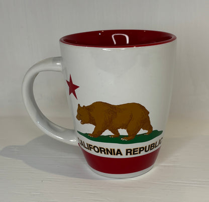 White mug with California Republic design featuring a bear and red star on a white background