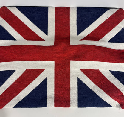 A square woven textile featuring the Union Jack flag pattern, photographed flat against a plain white background.