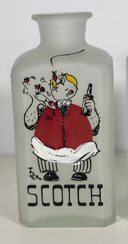 Frosted glass bottle with a cartoon character and 'Scotch' text on a white background