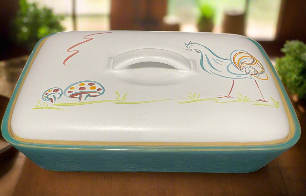 denby casserole dish with rooster and pastel colors