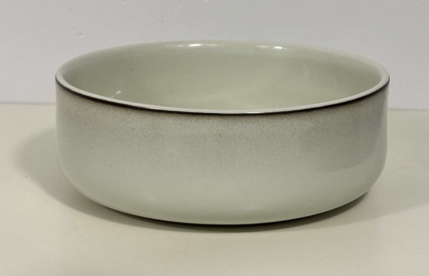 A round ceramic bowl with a speckled off-white glaze and a thin dark rim, photographed against a plain light background.