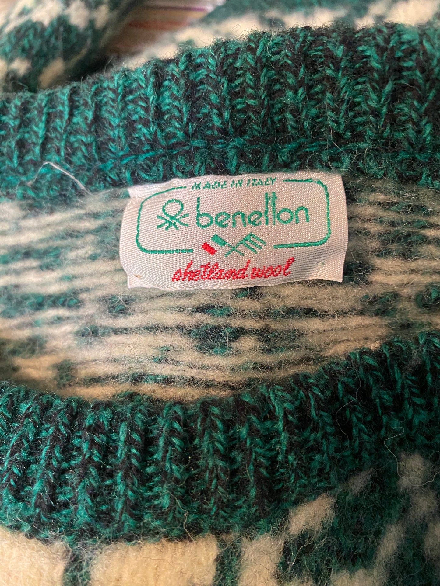 Vintage Made in Italy Benetton Green Fair Isle Wool Sweater Small