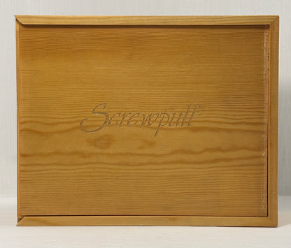 Wooden box with 'Screwpull' branding on a white background