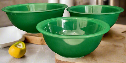 green glass Pyrex bowls