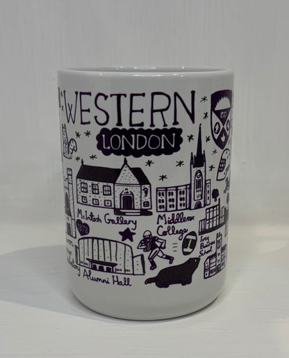 White mug with black illustrations and text of Western London institutions on a white background