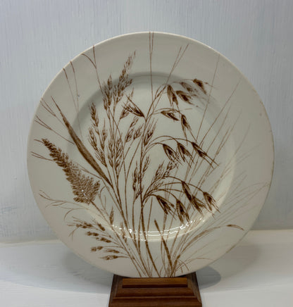 Ceramic plate with brown botanical design on a white background