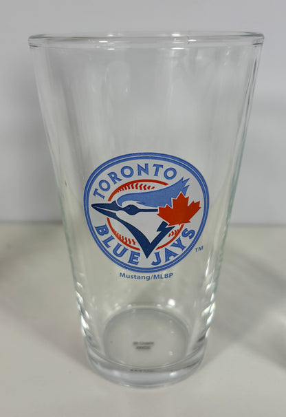 Clear glass with Toronto Blue Jays logo on a white background