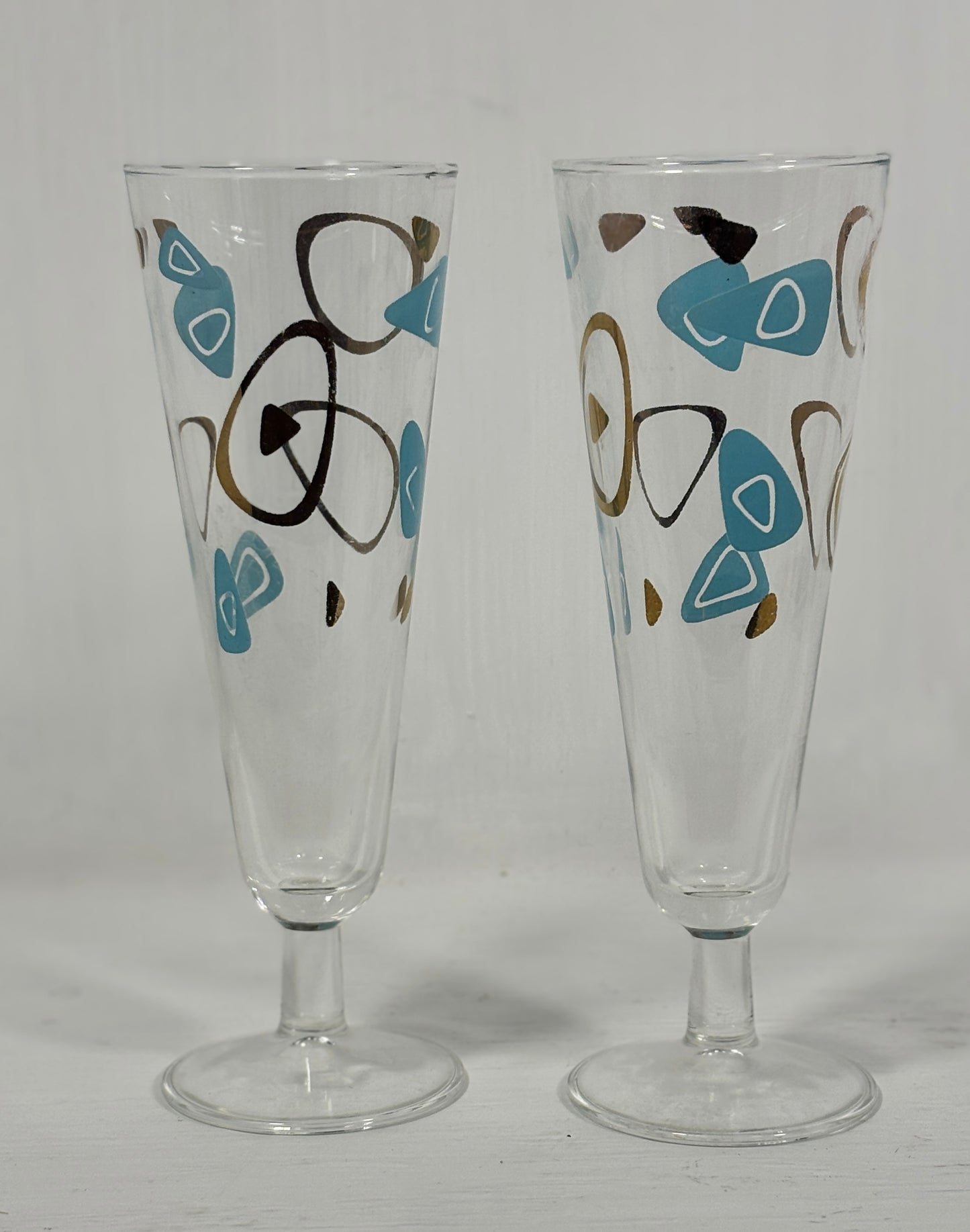 1950s Turquoise Gold Federal Atomic Amoeba Boomerang Stemware Glasses