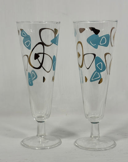 1950s Turquoise Gold Federal Atomic Amoeba Boomerang Stemware Glasses