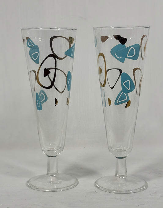 1950s Turquoise Gold Federal Atomic Amoeba Boomerang Stemware Glasses