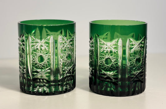 Ajka Crystal Marsala Green Lowball Glasses Pair