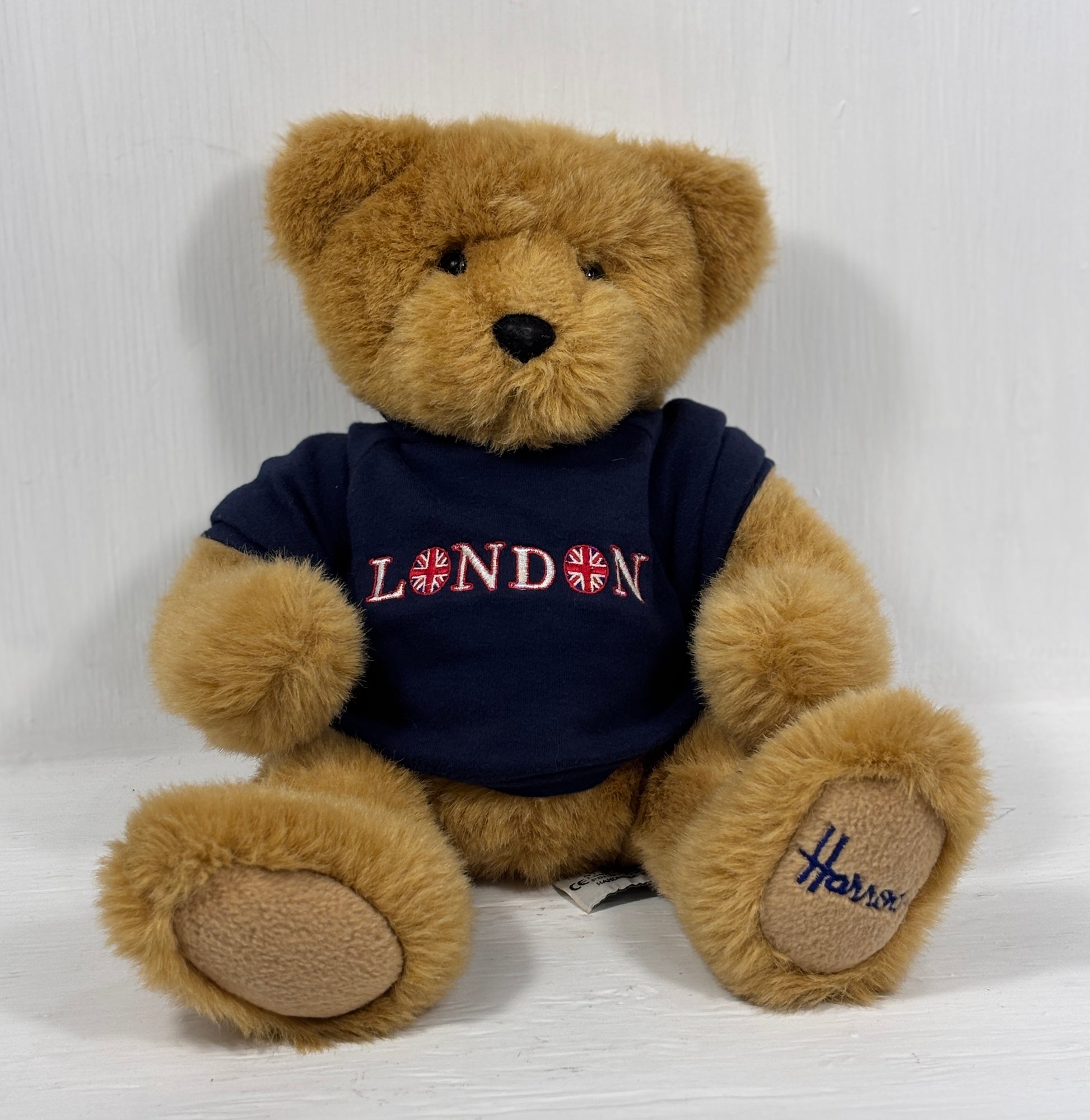 Teddy bear wearing a 'London' shirt with a Union Jack design on a white background