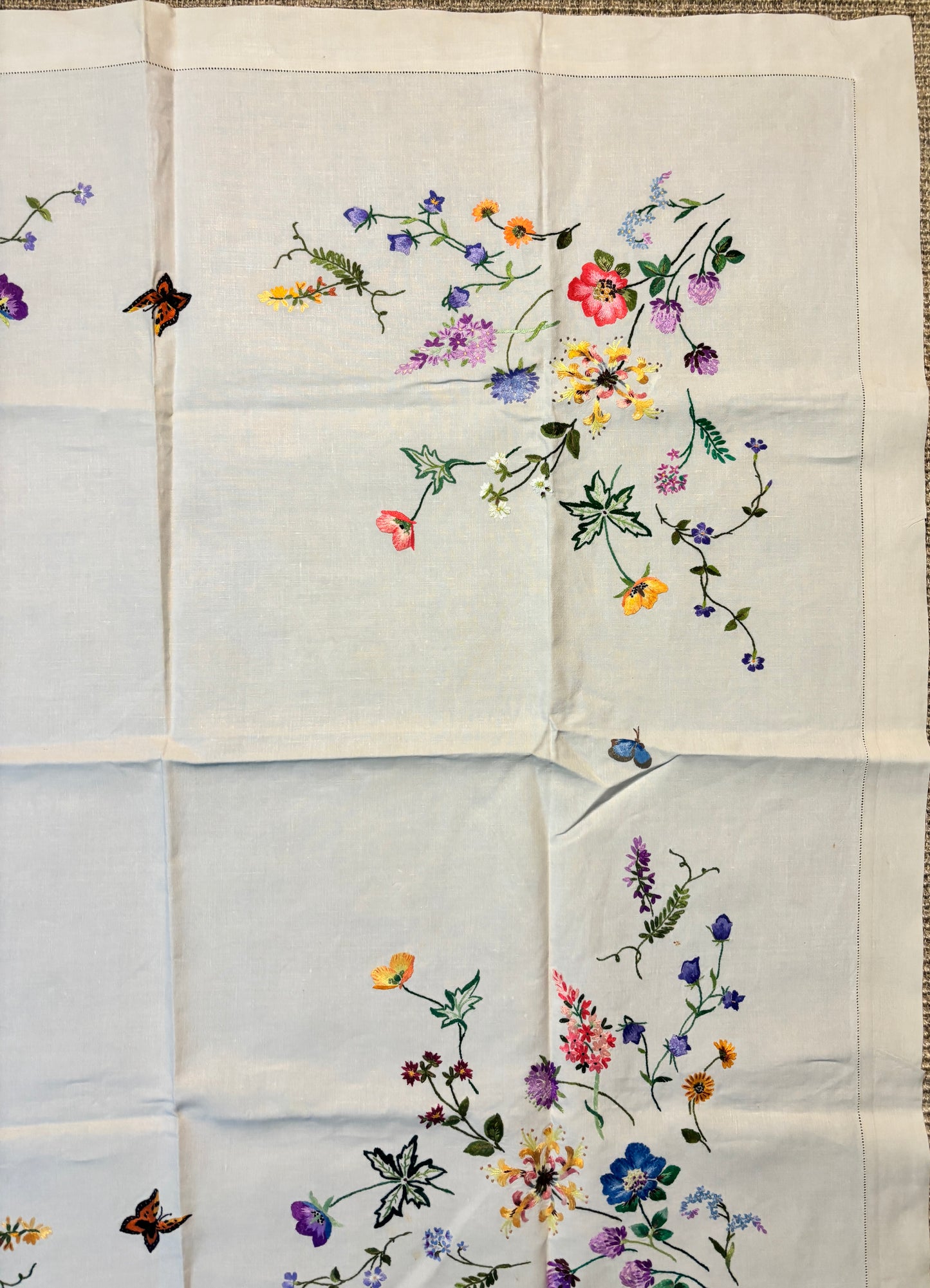 Wildflower and Butterfly Vintage Embroidered Tablecloth