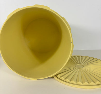 Yellow plastic container with lid on a white background